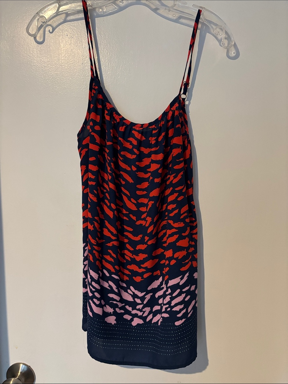 CAbi Navy Blue Long Tank with Red and Lavender Print